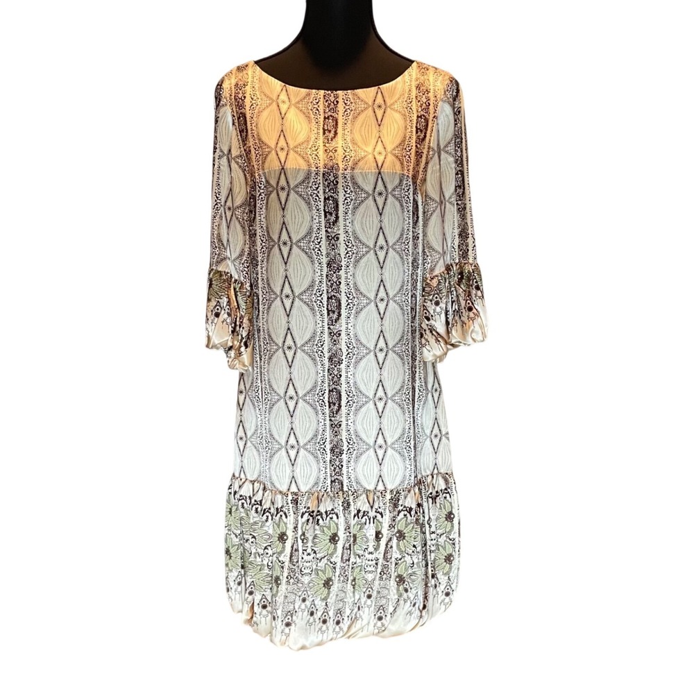 Gianni Bini 100% Silk Geometric Print Bubble Hem Shift Dress Brown Cream Size 4